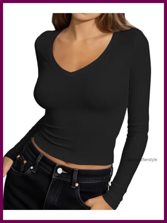 Tops - Long Sleeve V Neck Crop Top Ribbed Knit Slim Fitted Basic Tee